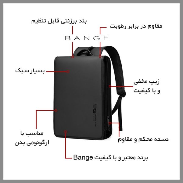 کوله لپ تاپ ضد آب برند Bange (بنج) با قابلیت باز شدن تا 180 درجه مناسب برای لپ تاپ تا 14 اینچی کد 7252