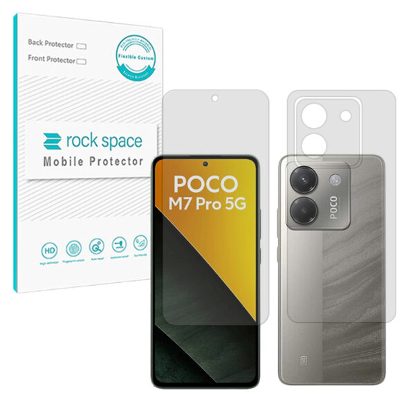 گلس صفحه نمایش و پشت گوشی شیائومی Poco M7 Pro 5G مدل نانو هیدروژل شفاف برند راک اسپیس کد SS
