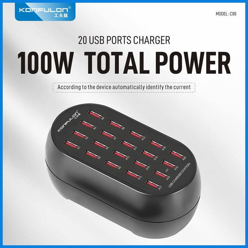 شارژر رومیزی 100 وات 20 پورت کانفلون مدل C88 به همراه کابل AC، دارای خروجی USB، شارژ ایمن (MultiProtect)