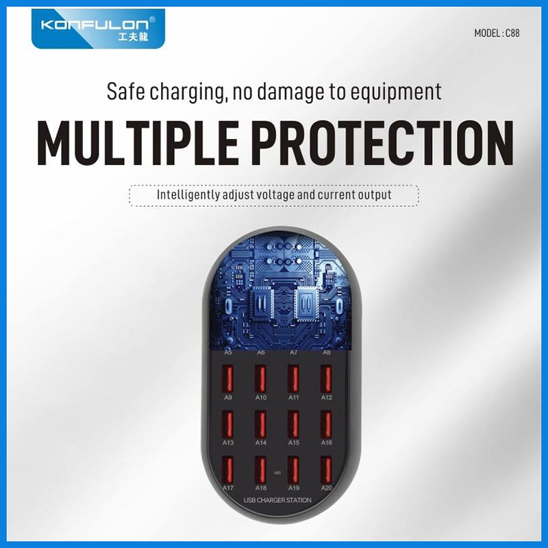 شارژر رومیزی 100 وات 20 پورت کانفلون مدل C88 به همراه کابل AC، دارای خروجی USB، شارژ ایمن (MultiProtect)