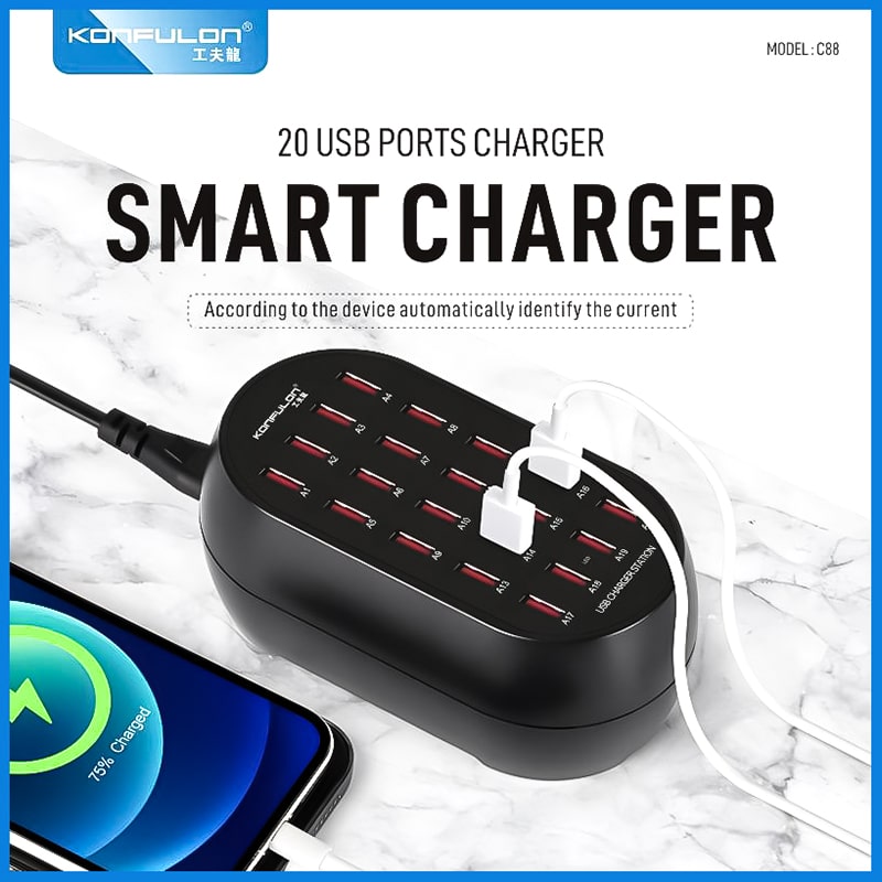 شارژر رومیزی 100 وات 20 پورت کانفلون مدل C88 به همراه کابل AC، دارای خروجی USB، شارژ ایمن (MultiProtect)