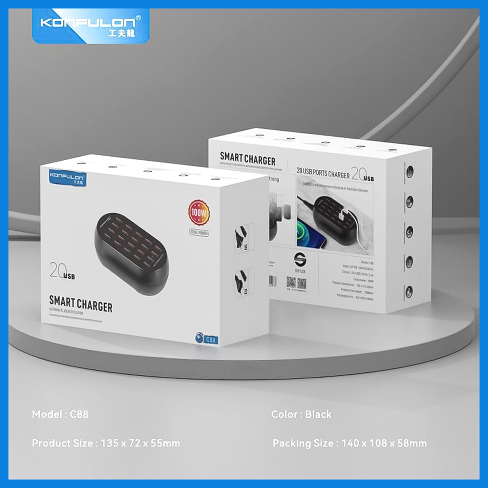 شارژر رومیزی 100 وات 20 پورت کانفلون مدل C88 به همراه کابل AC، دارای خروجی USB، شارژ ایمن (MultiProtect)