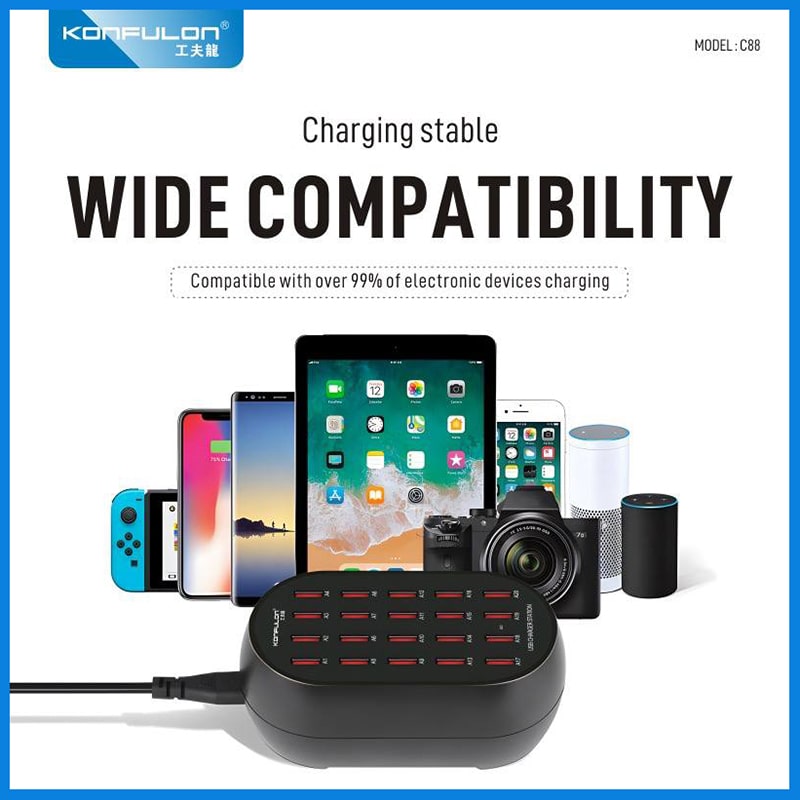 شارژر رومیزی 100 وات 20 پورت کانفلون مدل C88 به همراه کابل AC، دارای خروجی USB، شارژ ایمن (MultiProtect)