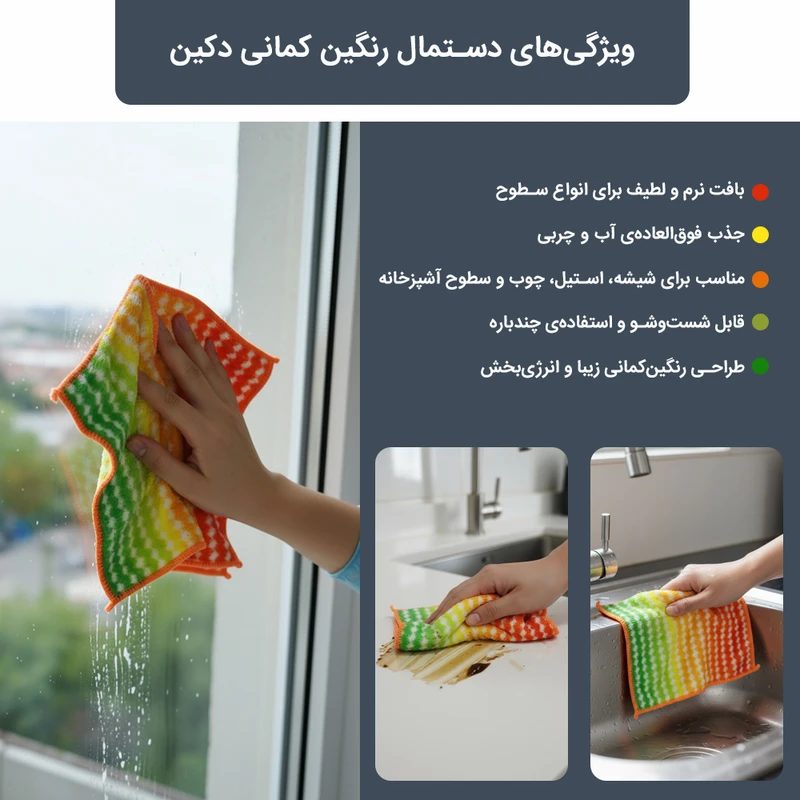 دستمال نظافت خانه و آشپزخانه حوله‌ای، میکروفایبر دکین مدل رنگین کمانی بسته 12 عددی