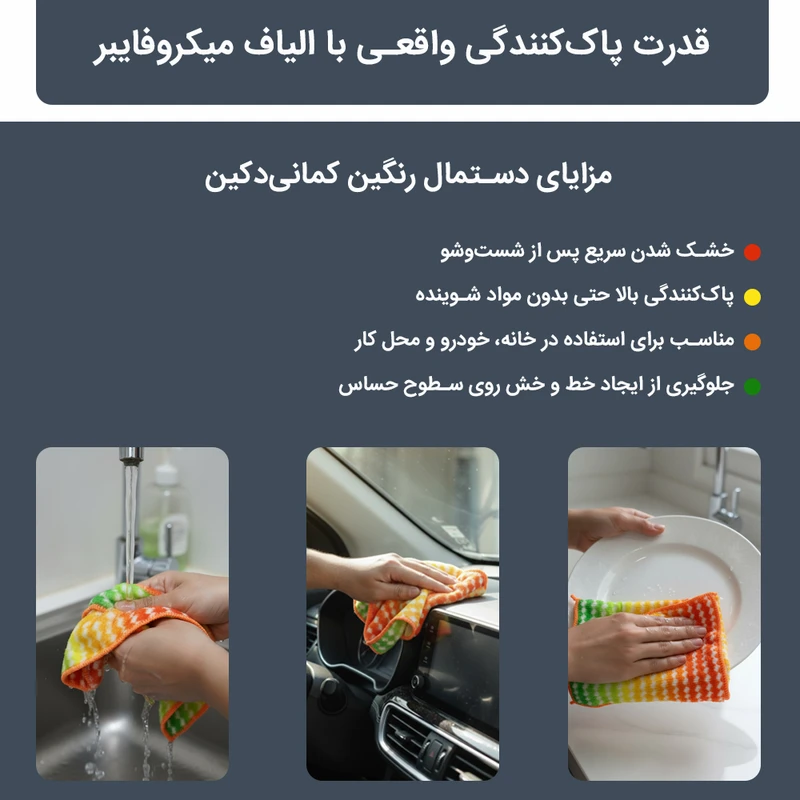 دستمال نظافت خانه و آشپزخانه حوله‌ای، میکروفایبر دکین مدل رنگین کمانی بسته 12 عددی
