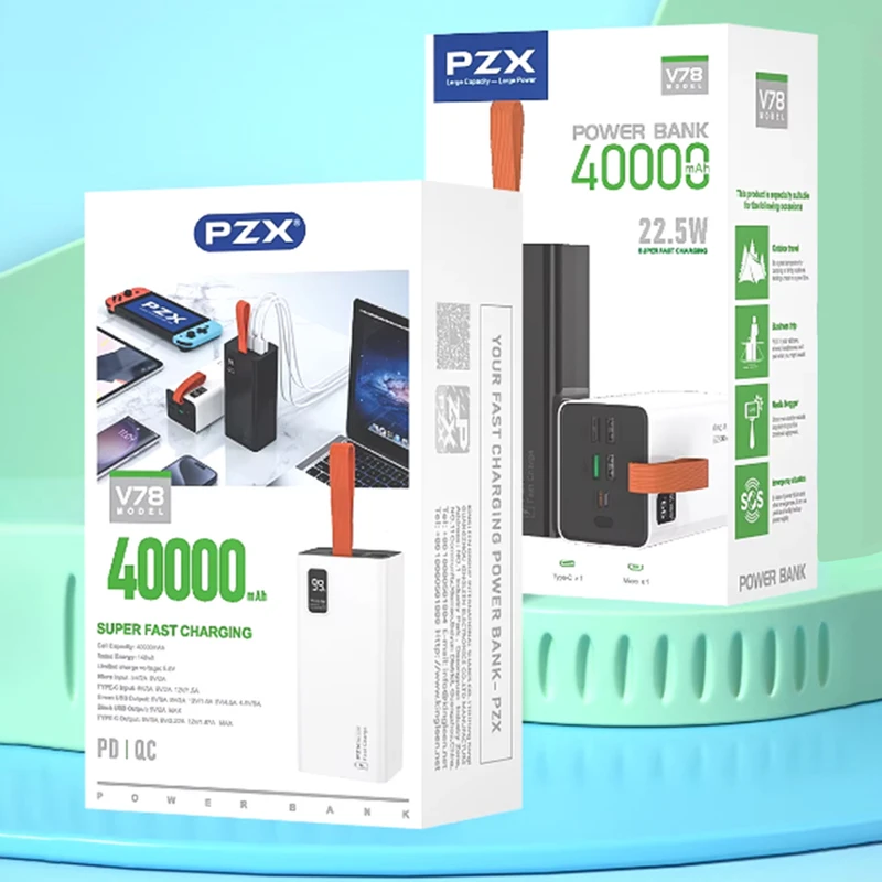 پاوربانک پی زد ایکس مدل V78 Fast Charge 22.5W ظرفیت 40000 میلی آمپر ساعت