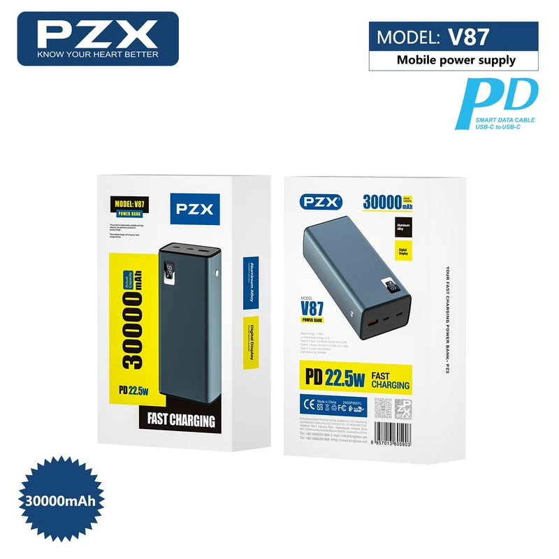 پاوربانک پی زد ایکس مدل V87 ظرفیت 30000 میلی آمپر ساعت