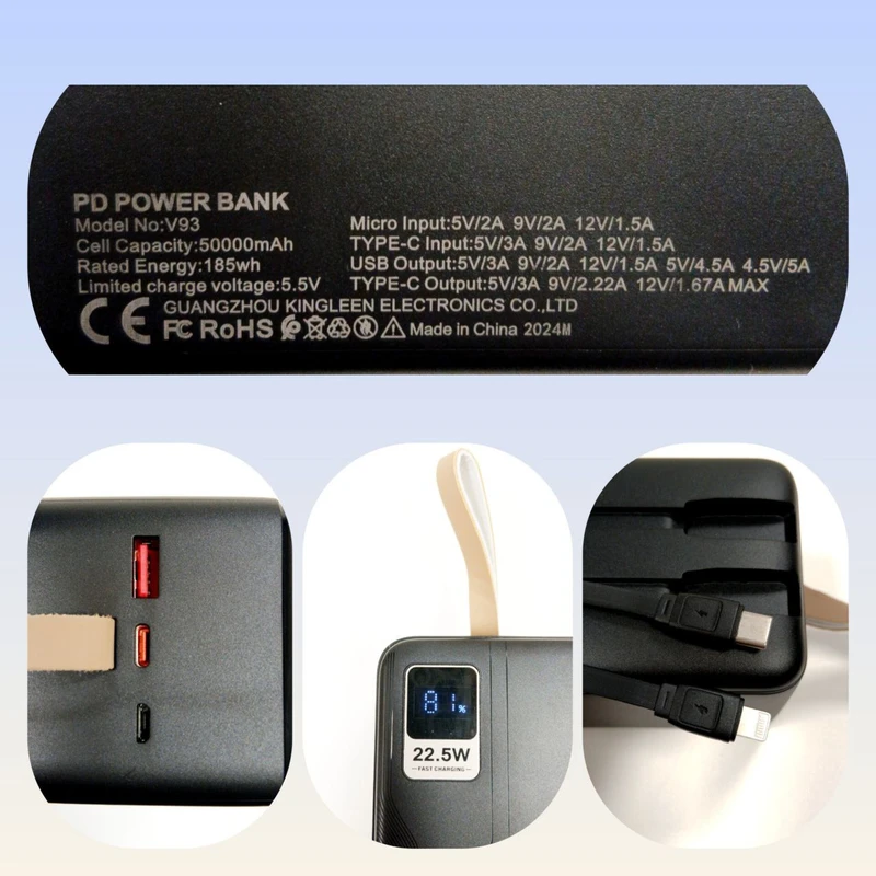 پاوربانک پی زد ایکس مدل V93 Fast Charge PD 22.5W ظرفیت 50000 میلی آمپر ساعت